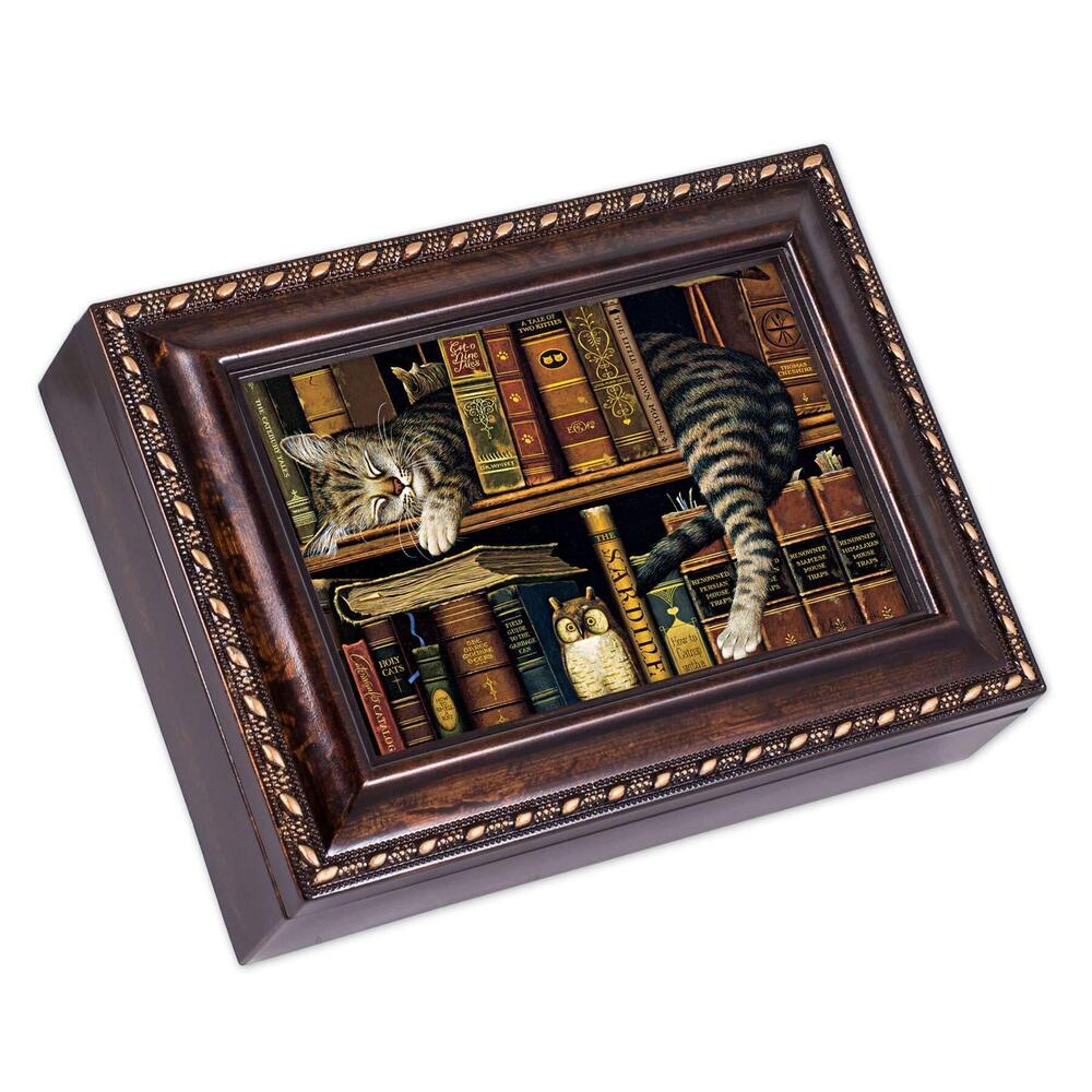 2637 Sleeping Cat On a Bookshelf Burlwood Rope Trim Jewelry Music Box Plays